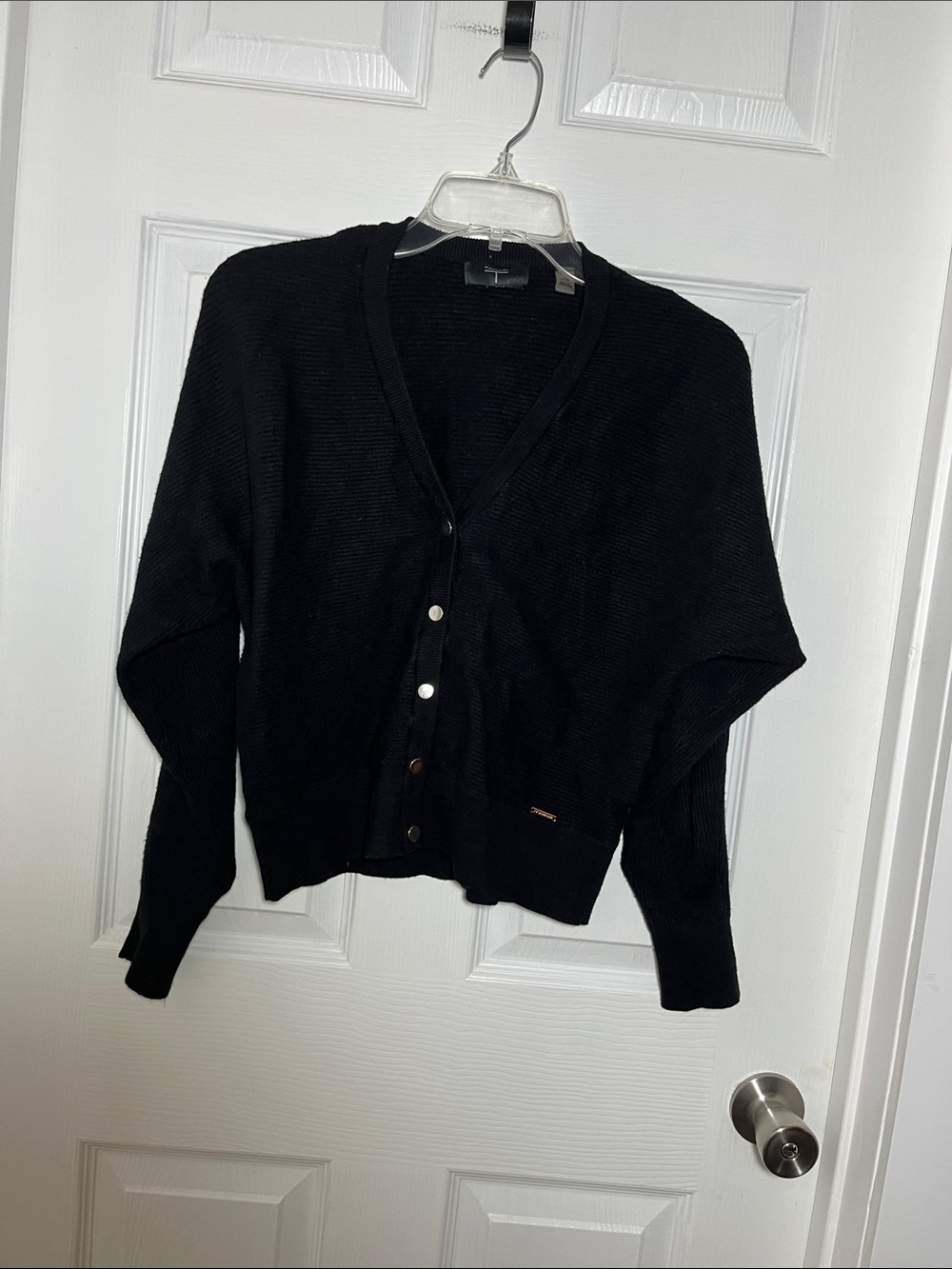 Tahari Black V-Neck Button Front Cropped Cardigan